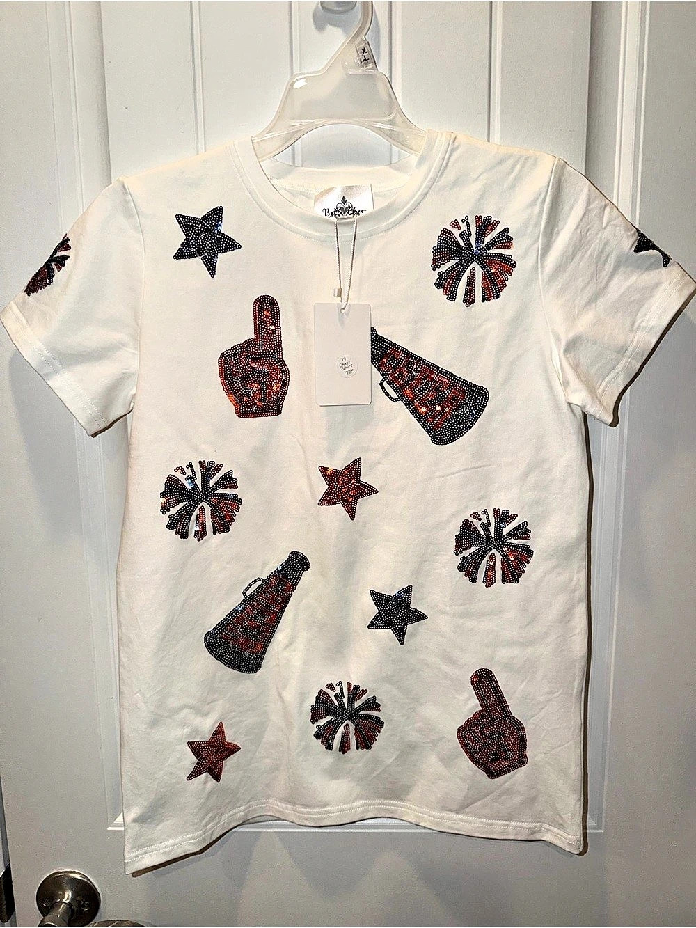 Belle Cher Girls Orange & Blue Cheer Sequin Tee NWT